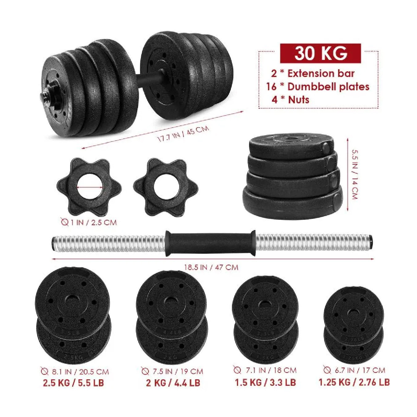 Juego de pesas con mancuernas de 30kg con 16 placas con mancuernas