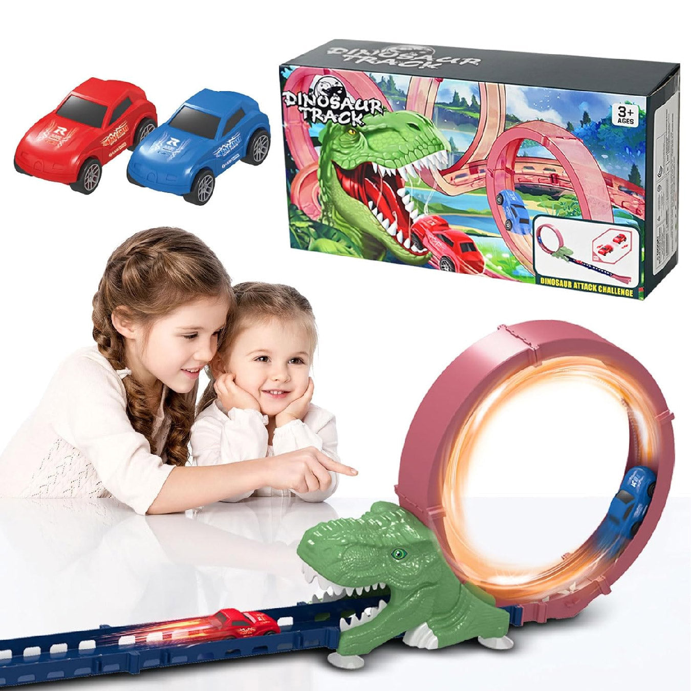 Pista de carreras de dinosaurios con 2 coches de carreras