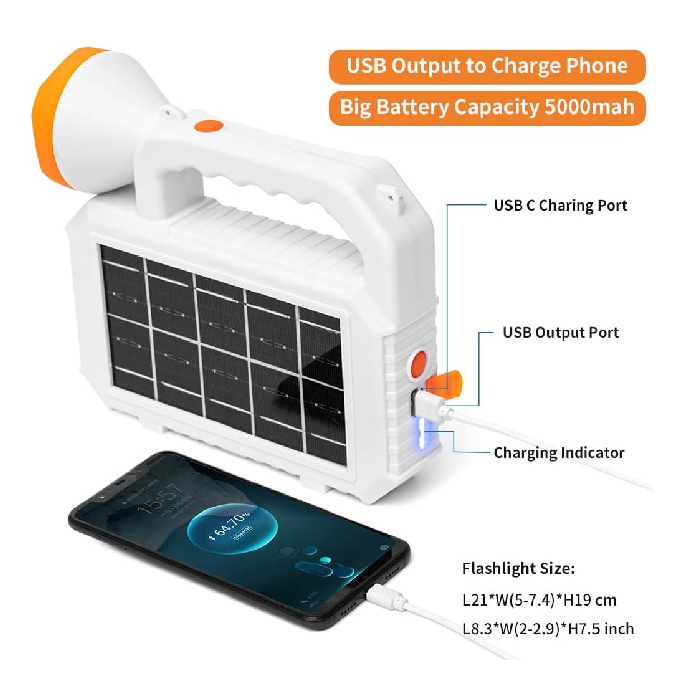 Linterna LED con carga solar y Power bank Gran Capacidad 5000mah